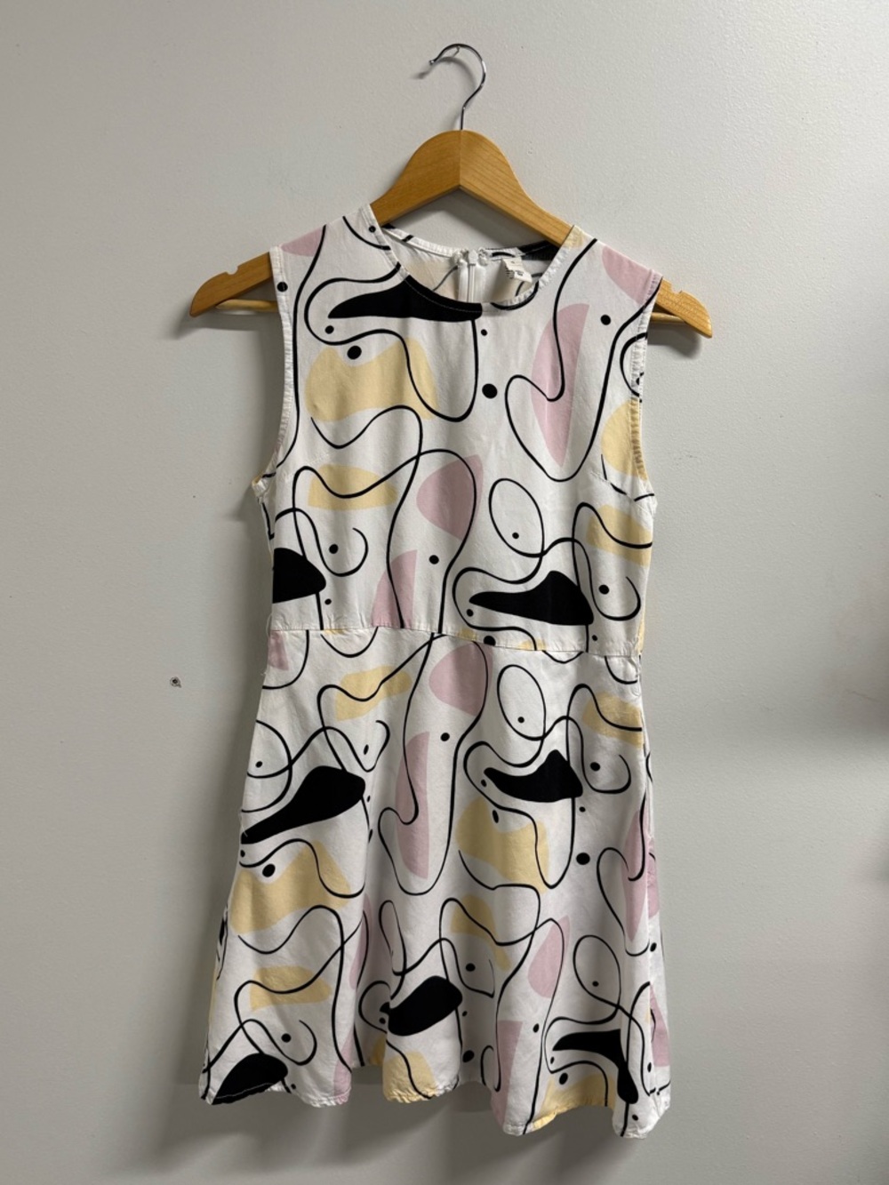 Abstract Print Sleeveless Mini Dress in White, Pink, Yellow & Black